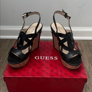 Guess Black and Tan Wedge Sandals